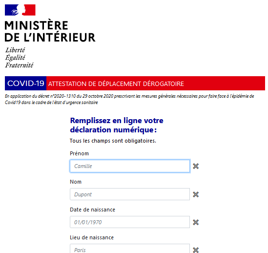 attestation deplacement derogatoire en ligne